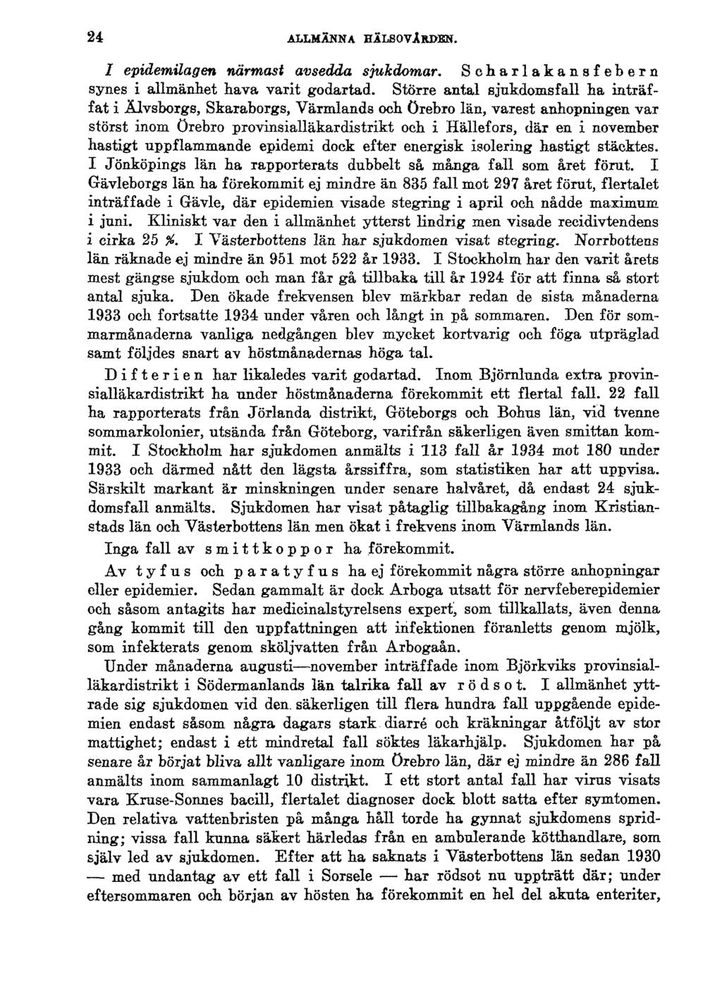24 ALLMÄNNA HÄLSOVÅRDEN. / epidemilagen närmast avsedda sjukdomar. Soharlakansfebern synes i allmänhet hava varit godartad.