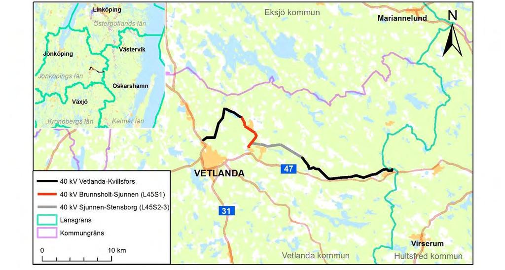 1 Inledning Bakgrund E.ON Energidistribution ansökte 2011 om förlängt tillstånd avseende befintlig 40 kv kraftledning mellan Brunnshult och Sjunnen, Vetlanda kommun i Jönköpings län.