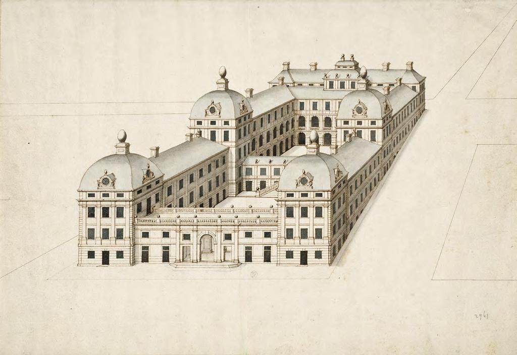 Generalfaktorikontoret. Perspektivritning från år 1663. Originalet finns på Nationalmuseum. När byggnadsplanerna ändrades, behövdes inte den nedre gården.