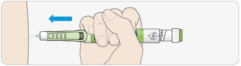 C Placera tummen på injektionsknappen. Tryck sedan in den helt och håll kvar. Håll inte tummen snett när du trycker din tumme kan hindra dosväljaren från att vridas.