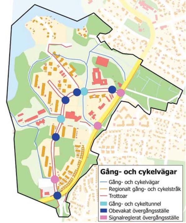 Figur 4. Urval av nuvarande gång- och cykelvägar enligt planprogrammet för Älta (Nacka kommun, 2015) 1.2 Kollektivtrafik Idag går det busstrafik på Almvägen och Oxelvägen genom området.