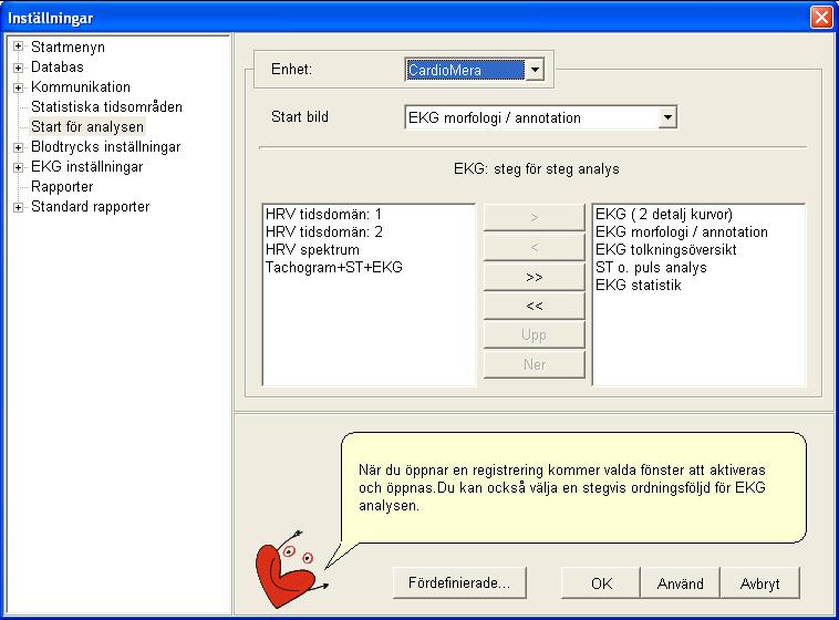 Analysfönstrets utseende är beroende på dina personliga inställningar, men standardinställningen i programmet ger följande analysfönster (EKG