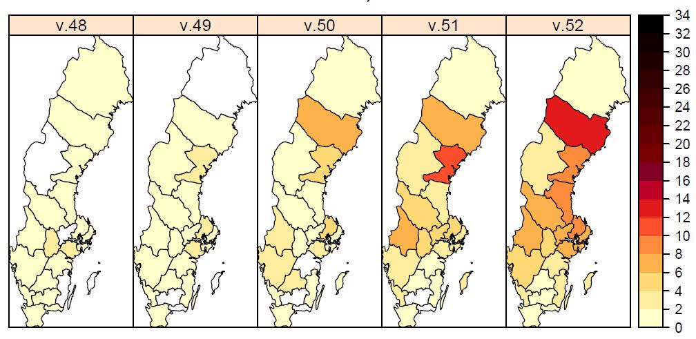 Figur 2. Antal laboratorieverifierade influensafall (alla typer) per län och 100 000 invånare.