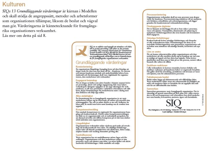 SIQ Grundläggande värderingarna 1. Kundorientering 2. Engagerat ledarskap 3. Allas delaktighet 4. Kompetensutveckling 5. Långsiktighet 6.