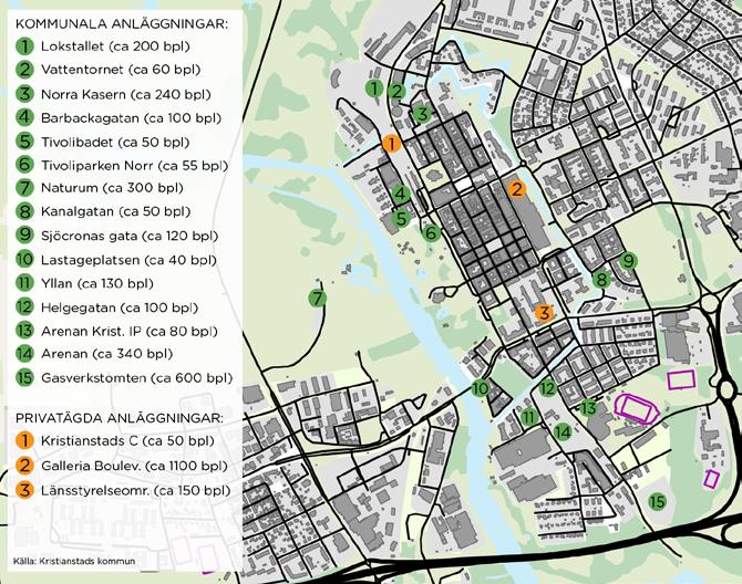 Bilparkering FÖRUTSÄTTNINGAR PARKERINGSANLÄGGNINGAR I Kristianstad finns ett flertal större parkeringsanläggningar. Kartan till höger visar de största anläggningarna, varav tre är privatägda.