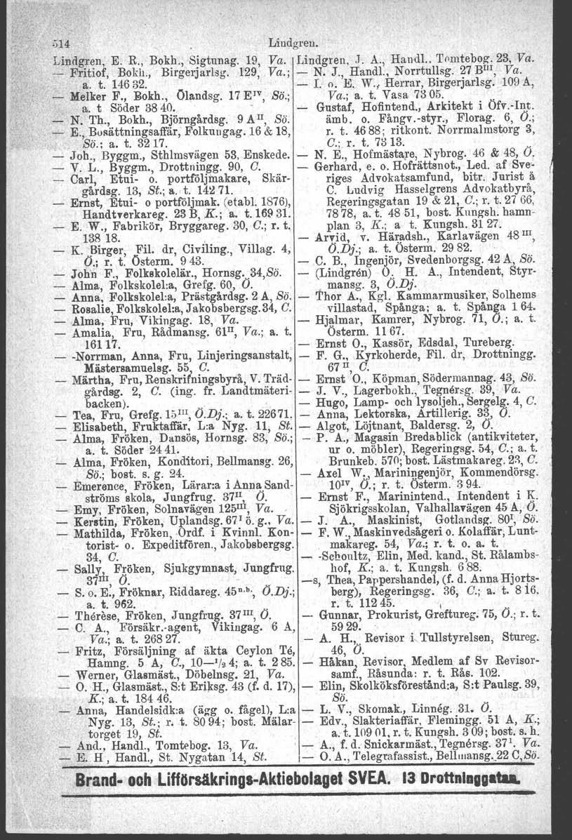 514 Lindgren. Lindgren, E. R., Bokb., Sigtunag. 19, Va. Lindgren. J. A., Handl.. 'I'omtebog. 23, Va.,. Fritiof, Bokh., Birgerjarlsg, 1~9, Va.; N. J., Handl., Norrtullag. 27 BIII, Va.. a. t. 14632. I.