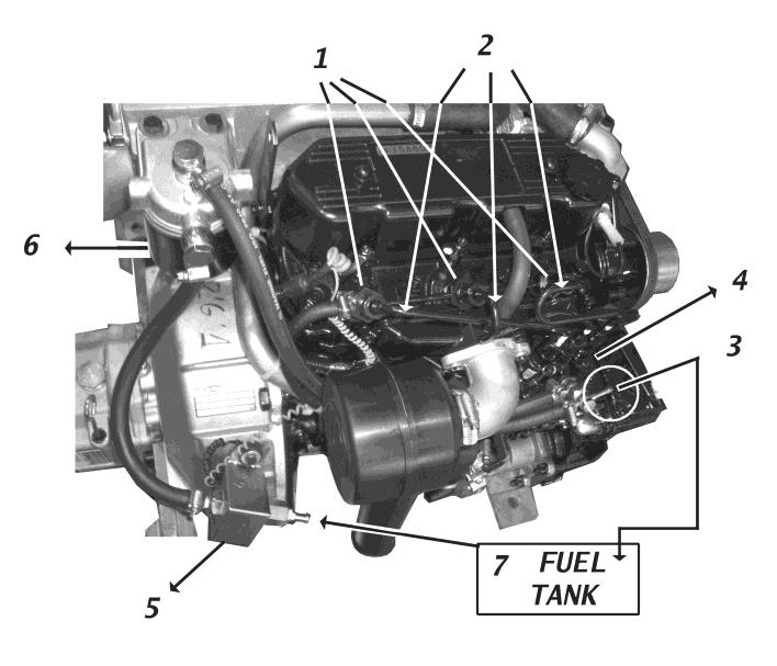 2.2.2 SJÖVATTENSSYSTEM (fig. 2.2) 0) Bottenkran; 1) Vattenfilter / Anslutning för sjövatten; 2) Sjövattenpump; 3) Värmeväxlare; 4) Våt avgaskrök; 5) Oljekylare backslag (endast backslag SMI-R2) 2.