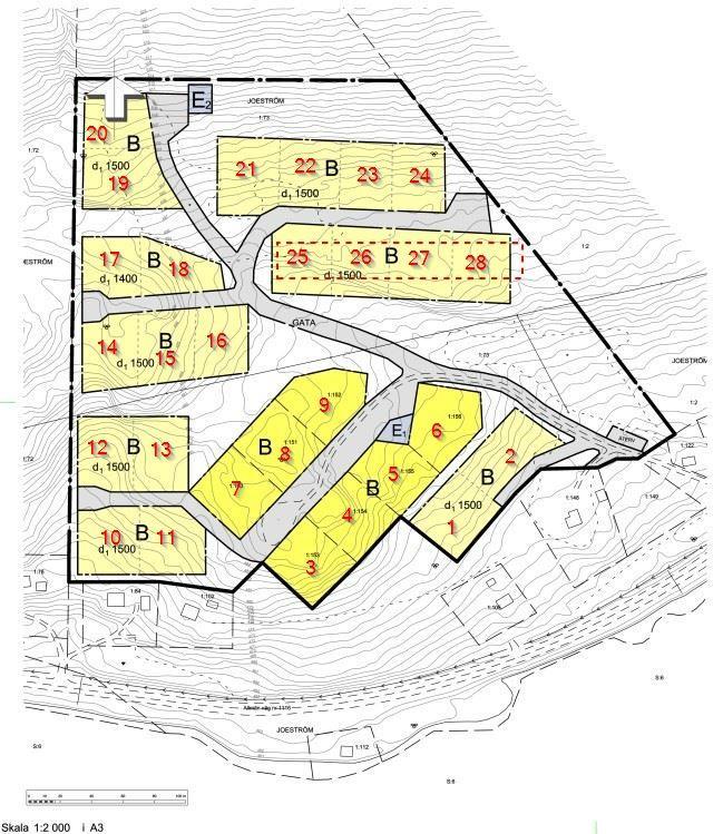 Figur 2. Urklipp från planförslag för del av Joeström 1: 73. Upprättad 2017-04-27 av Storumans kommun. Röd streckad linje är ungefärlig placering på moränrygg.