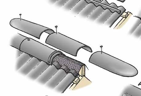 Vinkelnock tätas med tätningsband i överlappet och med skumplasttätning mot fibercementpannan. Skumplasttätning K-nock, 2-delad profil, monteras med två takskruvar per taksida.