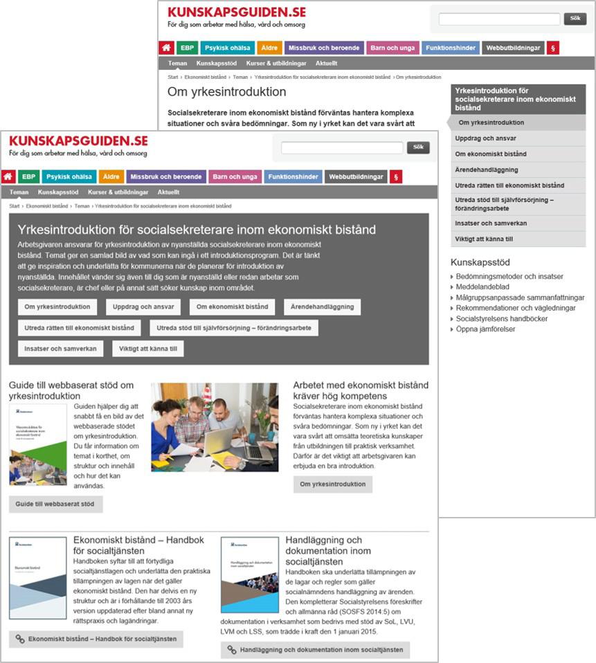 Struktur och innehåll utifrån kunskapsområden Yrkesintroduktion för socialsekreterare inom ekonomiskt bistånd presenteras som ett tema inom området ekonomiskt bistånd.