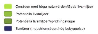 Kartan visar även hur Norra Tyresö centrum idag utgör en barriär för ekologiska spridningssamband. en nord-sydlig riktning och det aktuella området kring Granängsringen.