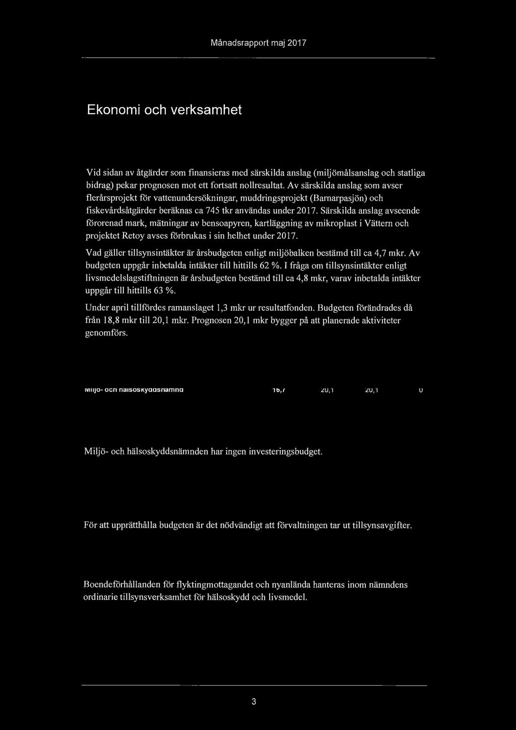 Månadsrapport maj 2017 Ekonomi och verksamhet Ekonomi Vid sidan av åtgärder som finansieras med särskilda anslag ( miljömålsanslag och statliga bidrag) pekar prognosen mot ett fortsatt nollresultat