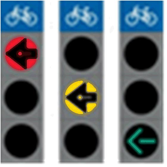 Som cykelsignal kan det även användas en signal med ljus som har formen av en pil enligt 4 och 7 punkten, varvid det ovanför signalen finns en blå