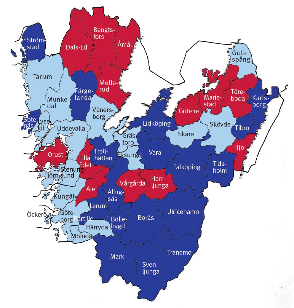 Gradering av kommunerna i Västra Götalands län 007 utifrån den finansiella profilen Förklaring, kartan Kartan på denna sida bygger på att kommunerna i Västra Götaland graderas efter hur finansiellt