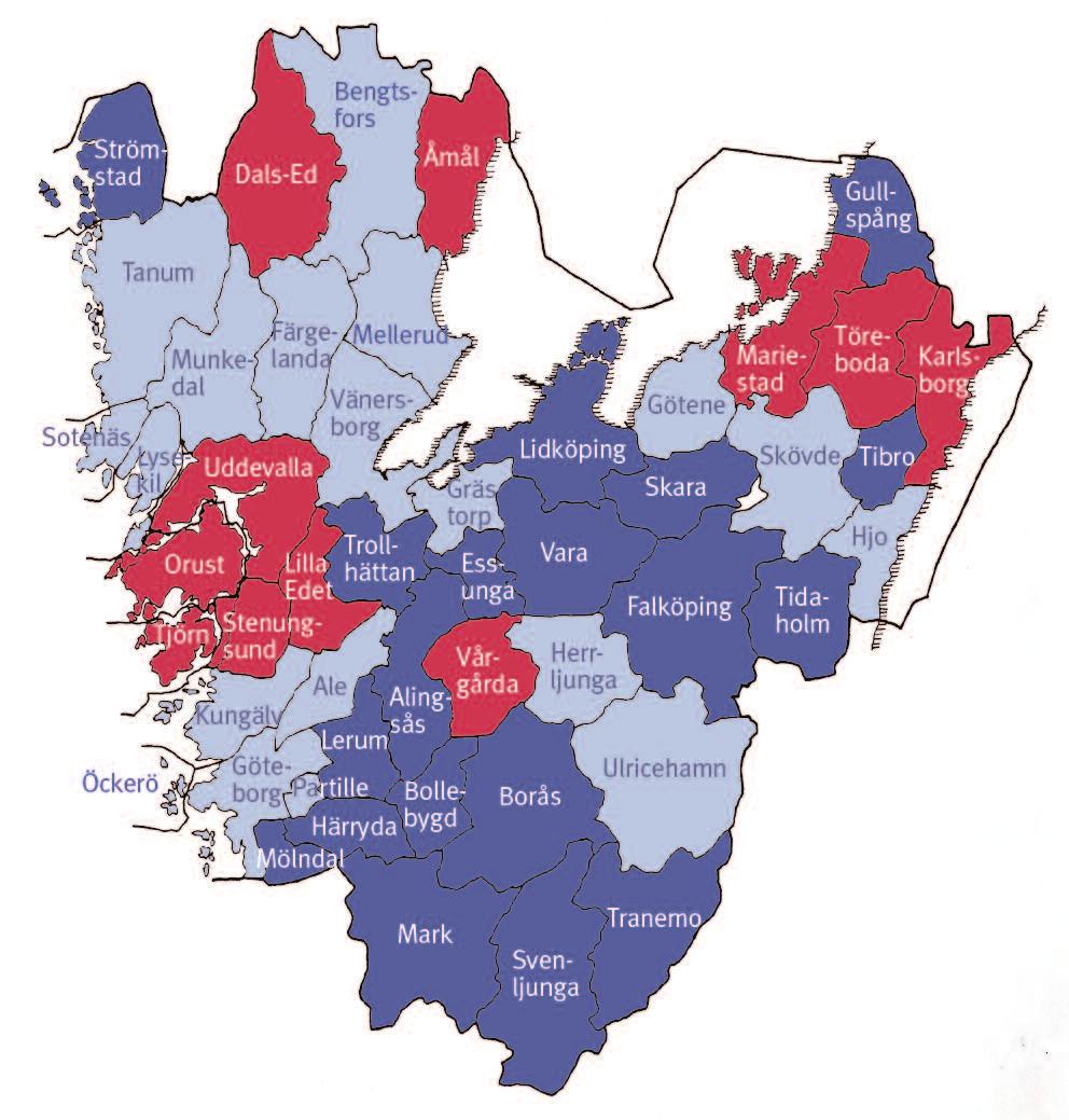 Gradering av kommunerna i Västra Götalands län 00 utifrån den finansiella profilen Förklaring, kartan Kartan på denna sida bygger på att kommunerna i Västra Götaland graderas efter hur finansiellt