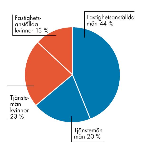 Medarbetare Årsanställda Tillsvidareanställda 256 personer 270 personer, varav 114 tjänstemän och 156 fastighetsanställda Fördelning anställda