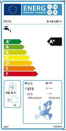 INDOL SPLIT 5 EU KOMMISSIONENS DELEGERDE FÖRORDNING nr 82/203 200/30/EU vad gäller energimärkning av varmvattenberedare a) Leverantör: Indol B b) Modell: Indol Split 5 c) Belastningsprofil: L d)