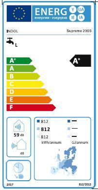 energiförbrukning (Qelec): 3,26 kwh INDOL SUPREME 200S EU KOMMISSIONENS DELEGERDE FÖRORDNING nr 82/203 200/30/EU vad gäller energimärkning av varmvattenberedare a) Leverantör: Indol B b) Modell: