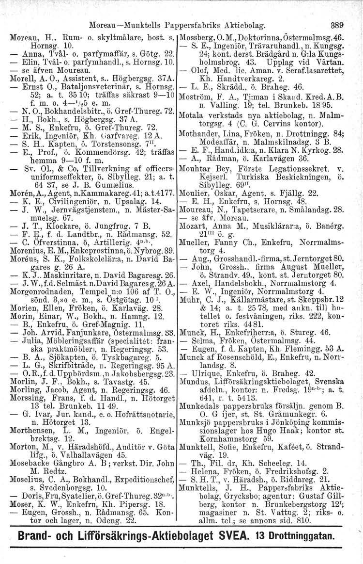 Moreau-Munktells Pappersfabriks Aktiebolag. 389 Moreau. H., Rum- o. skyltmålare, bost. s. Mossberg, O. M.,Dokturinna, Östermalmsg.46. Hornsg. 10. - S. E., Ingeniör, Trävaruhandl., n. Kungsg. - Anna,.