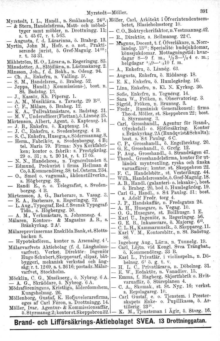 Myrstedt-Möller. 39f Myrstedt, r. L., Handl., n. Smålandsg. 24 II. Möller, Carl, Arkitekt i Öfverintendentsem- _ & Stern, Handelsfirma, Matt- och möbel- betet, Blasieholmstorg 10.