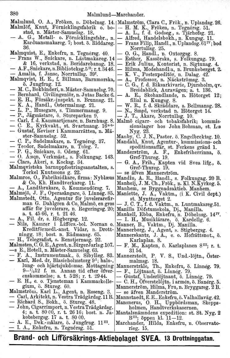 380 Malmlund-Marchander. Malmlund, O. A., Fröken, n. Döbelnsg. 14. Malmström, Clara C., Frök., n. Uplandsg.26. Malmlöf, Knut, Förnicklingsfabrik o. bo- -- H. M. K., Fröken, n. Tegnersg. 51. stad, n.