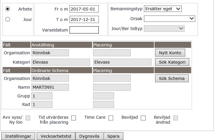 170901/AB Sida 11 av 15 Ange om schemat är ett arbets- eller jour/beredskapsschema. Ange under vilken tidsperiod schemat ska vara knutet till anställningen. Klicka därefter på Sök Schema.