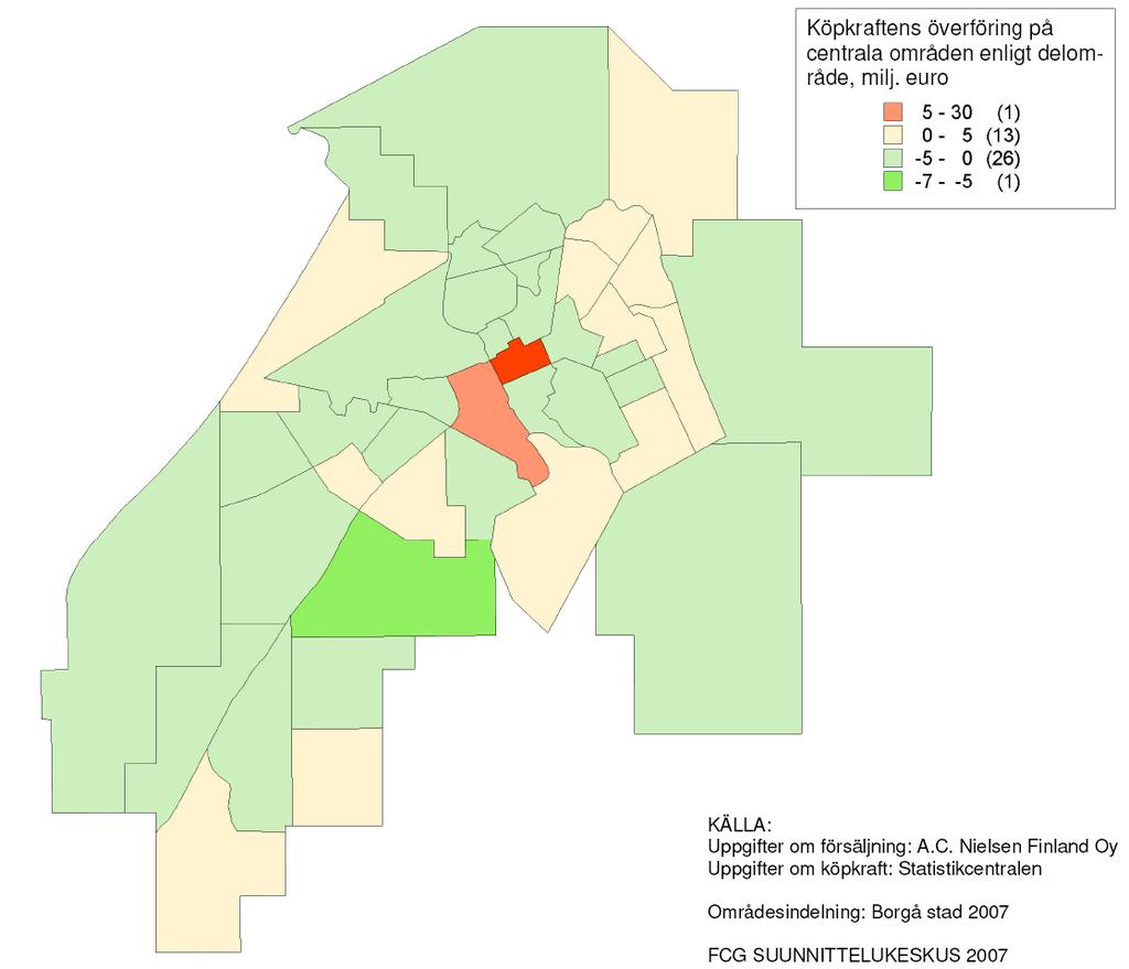 Borgå stad 27 I centrala områden av Borgå betonas centrum och Västra åstranden som områden med positiv överföring av köpkraften (bild 17). Bild 17.