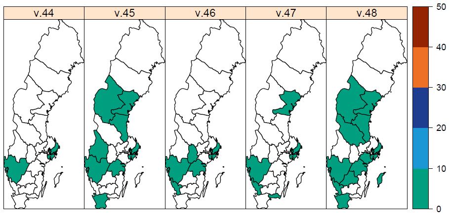 Sida 6 (14) Figur 1C. Andelen laboratorieanalyser positiva för influensa (alla typer) per, denna säsong och tidigare säsonger. Figur 2.