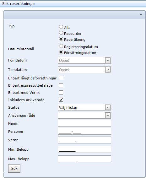 Sök reseräkning Dina egna reseräkningar kan du söka fram i Självservice under Under Mina reseräkningar ser du alla dina reseräkningar förutom Arkiverade Utanordnade reseräkningar.