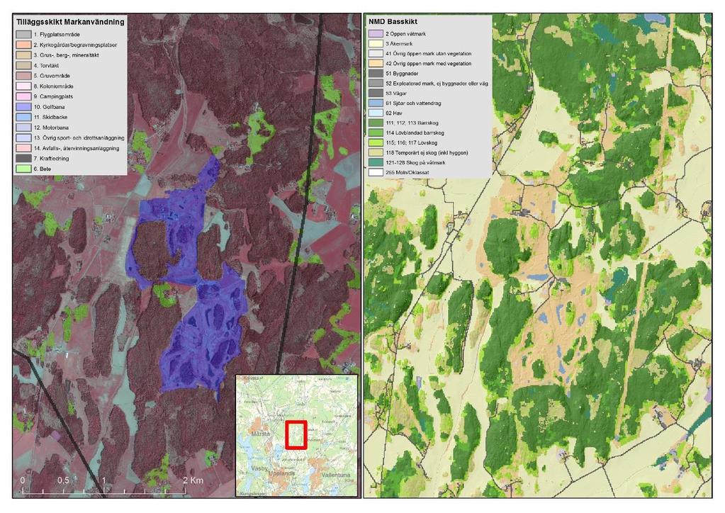 LANTMÄTERIET, GEODATASAMVERKAN Figur 3. Exempel på hur NMD basskikt och tilläggsskiktet Markanvändning kompletterar varandra.