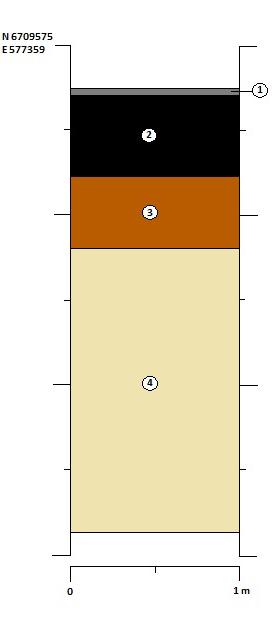 Sektion 1. Schakt 1 Sektion 2. Schakt 2 1. Grus/asfalt 2. Svart lager, rikligt med kol och masugnsslagg 1. Matjord 2. Svart lager, rikligt med kol och masugnsslagg 3.