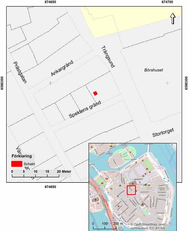 Arkeologgruppen AB rapport 2018:23 Figur 3. Plan som visar schaktets belägenhet inom fastigheten.