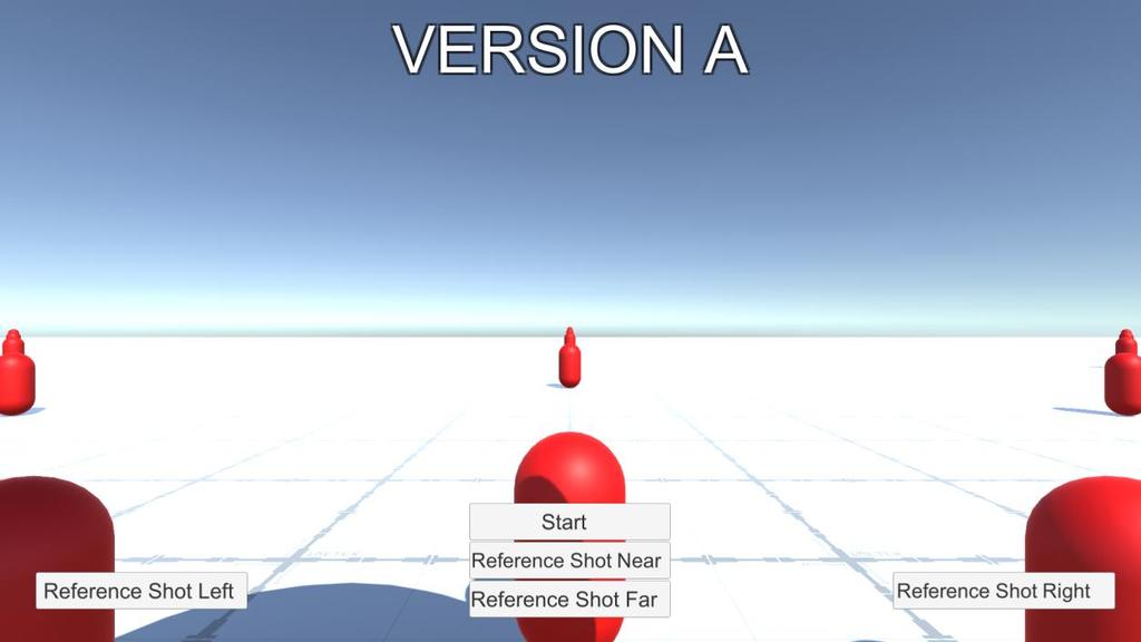Figur 5 Startmenyn innan en versions spelsession börjar. Här kan olika referensskott triggas av spelaren, innan hen börjar gissa avstånd och riktning.