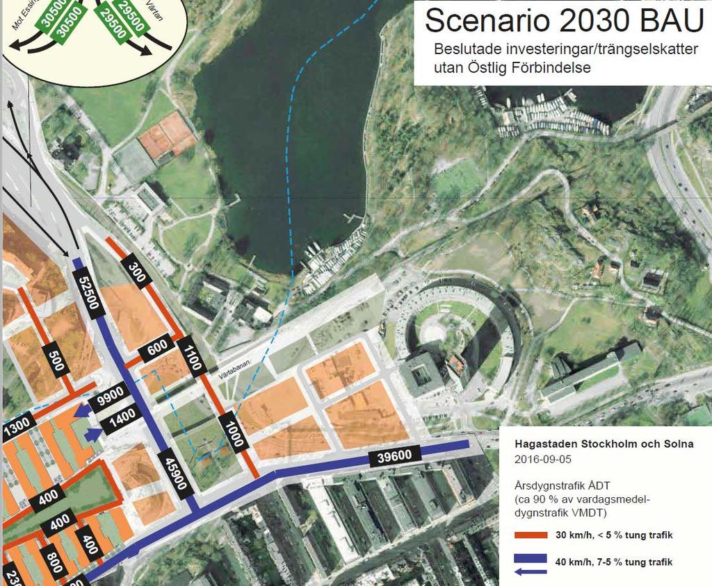 Figur 3. Aktuellt utbyggnadsområde med trafikflöden (årsmedeldygn) enligt scenario 2030 BAU.