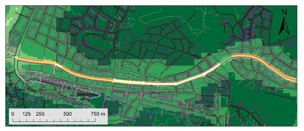 NO 2-halter för utbyggnadsalternativen år 2030 Trafikalternativ Låg Figur 11 visar beräknad medelhalt av kvävedioxid, NO 2, under det 8:e värsta dygnet för trafikalternativ Låg.