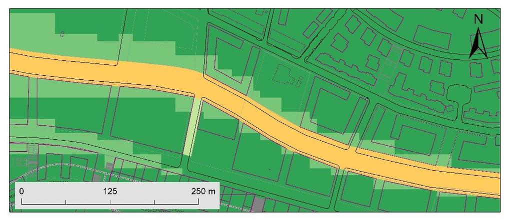 Figur 15 visar dygnshalten för det 8:e värsta dygnet för trafikalternativ Hög. Halterna på tvärgatan beräknas till 24-30 µg/m 3.