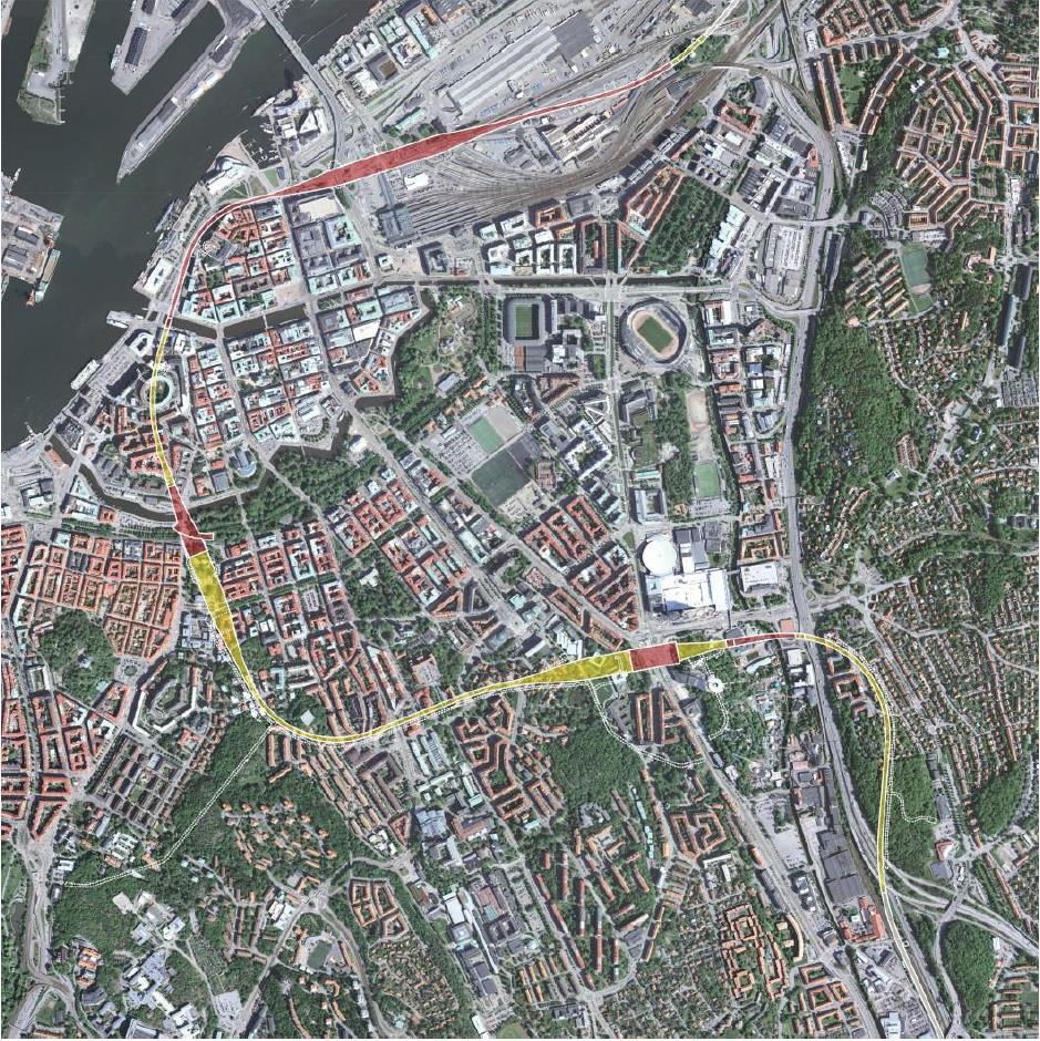 Figur 1: Översiktlig bild av Västlänken som löper under staden. (bilden från SBK, 2014, ref 1) a) Frånluftstorn vid Smedjegatan I figur 2 ser vi två bilder.