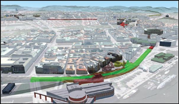Figur 2: Övre bilden visar skissen av en sträcka av den planerade järnvägstunnel västlänken. Sträckan är vid Smedjegatan. På bilden syns även en röd cirkel.