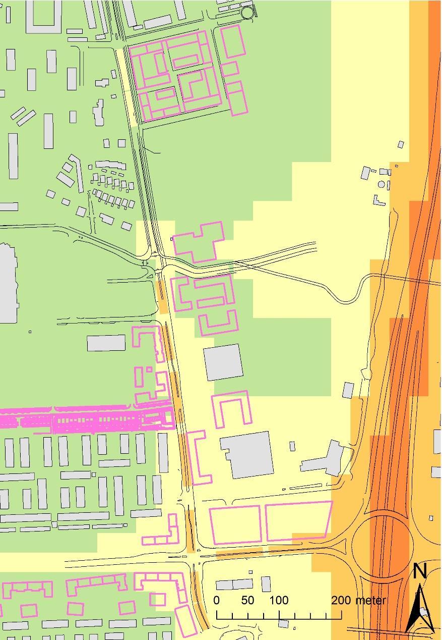 Vid byggnaden närmast E4 på Mälarvägen beräknas allra högst halter som är 23-28 µg/m 3.