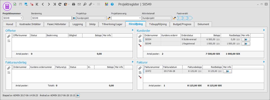 Fliken Försäljning Här ser du offerter, kundorder, fakturaunderlag och kundfakturor som är kopplade mot 