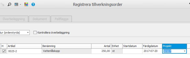 Orderns planerade kostnad för material, lego och arbete redovisas som Planerat/orderlagt i projektet. Avrapporterade kostnader redovisas som Utfall i samband med avrapportering sker på ordern.