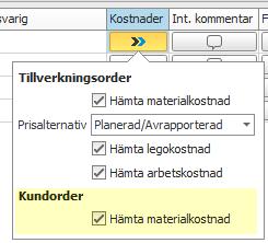 När det gäller kostnadstypen Material Tillverkningsorder går det att sätta undantag på artikelnivå huruvida avläsning ska ske från tillverkningsorder eller inte.