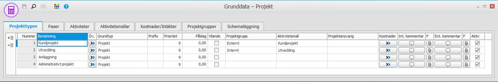 1. Grunddata för projekt I rutinen Grunddata Projekt registrerar du uppgifter som sedan används som förvalda värden då ett projekt registreras.