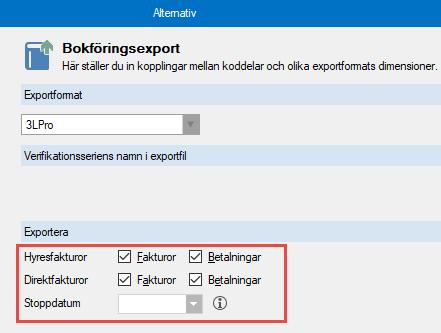 betalningar, direktfakturor och dess betalningar) samt stoppdatum under Alternativ-bokföringsexport tillämpas nu även vid export till 3L