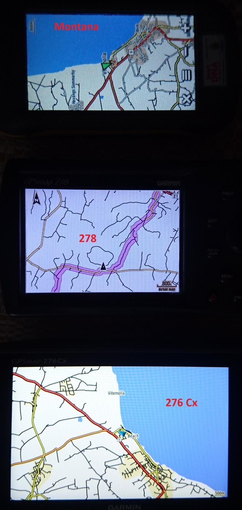 2017.07.01 Sida 1 Hur står sig Garmins nya 276Cx mot den snart 15 år gamla 278 för offroadbruk? Fotografi av de tre GPS erna. Visar tydligt skillnaden i skärmstorlek.