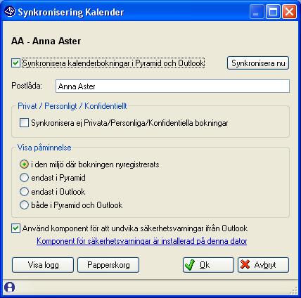 CRM-handbok - Begrepp, inställningar och egenskaper När du klickar på Avancerat öppnas dialogen Synkronisering Kalender. Markera kryssrutan Synkronisera kalenderbokningar i Pyramid och Outlook.