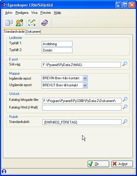 CRM-handbok - Begrepp, inställningar och egenskaper 1.3.3. Rutin 683 Egenskaper CRM/Säljstöd I rutin 683 Egenskaper CRM/Säljstöd anges de standardvärden som ska gälla för Pyramid CRM. Obs!