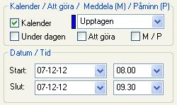 Kalenderbokningen blir automatiskt märkt med Upptagen. Kryssrutan M/P dvs. Meddela/Påminn blir markerad om detta angivits i Arkiv/Egenskaper.
