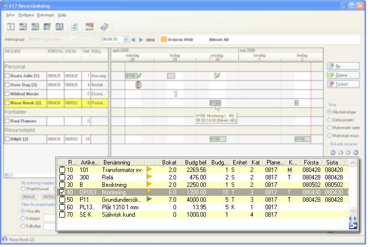 CRM-handbok - Aktiviteter Funktionerna i rutin 617 Resursbokning I bilden visas projektraderna för N168.