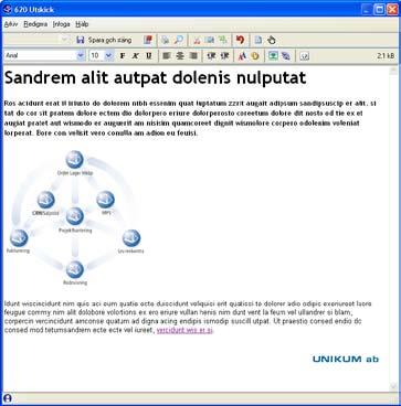 CRM-handbok - Utskick I bilden till höger visas hur ett utskick kan se ut efter formatering med HTML-kod genom att Redigera/Redigera HTML valts i texteditorns verktygslist.